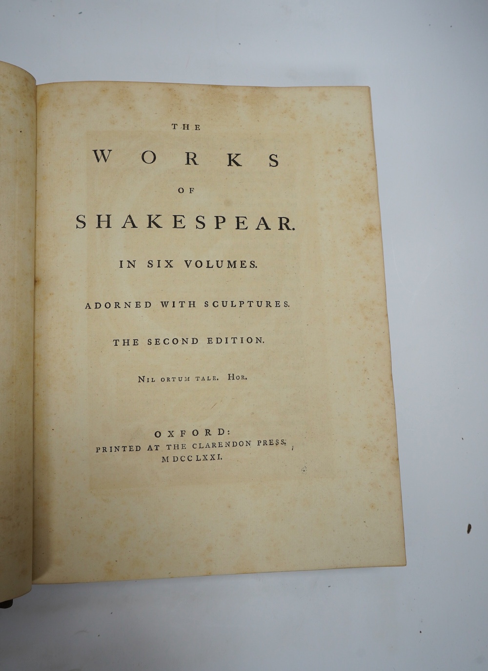 Shakespeare, William - The Works of Shakespear (sic) in six volumes. Adorned with Sculptures. (Edited by Sir Thomas Hanmer), second edition. portrait frontis., 2 plates of monuments and 36 others, num. pictorial tailpiec